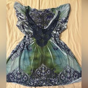 Unity World Wear Blue Green Sleeveless Ruched Blouse